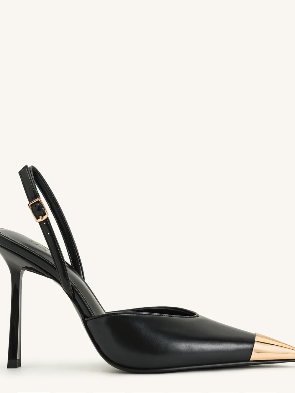 JW PEI Black Pointed Slingback Pumps with Gold Toe Cap